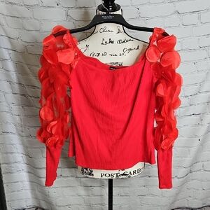 Shein Long Sheer Sleeve 3D petals Ribbed Stretchy Top Size XL